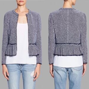 Rebecca Taylor Tweed Peplum Jacket Size 2 Blue Frayed Hem Preppy Classic Chic